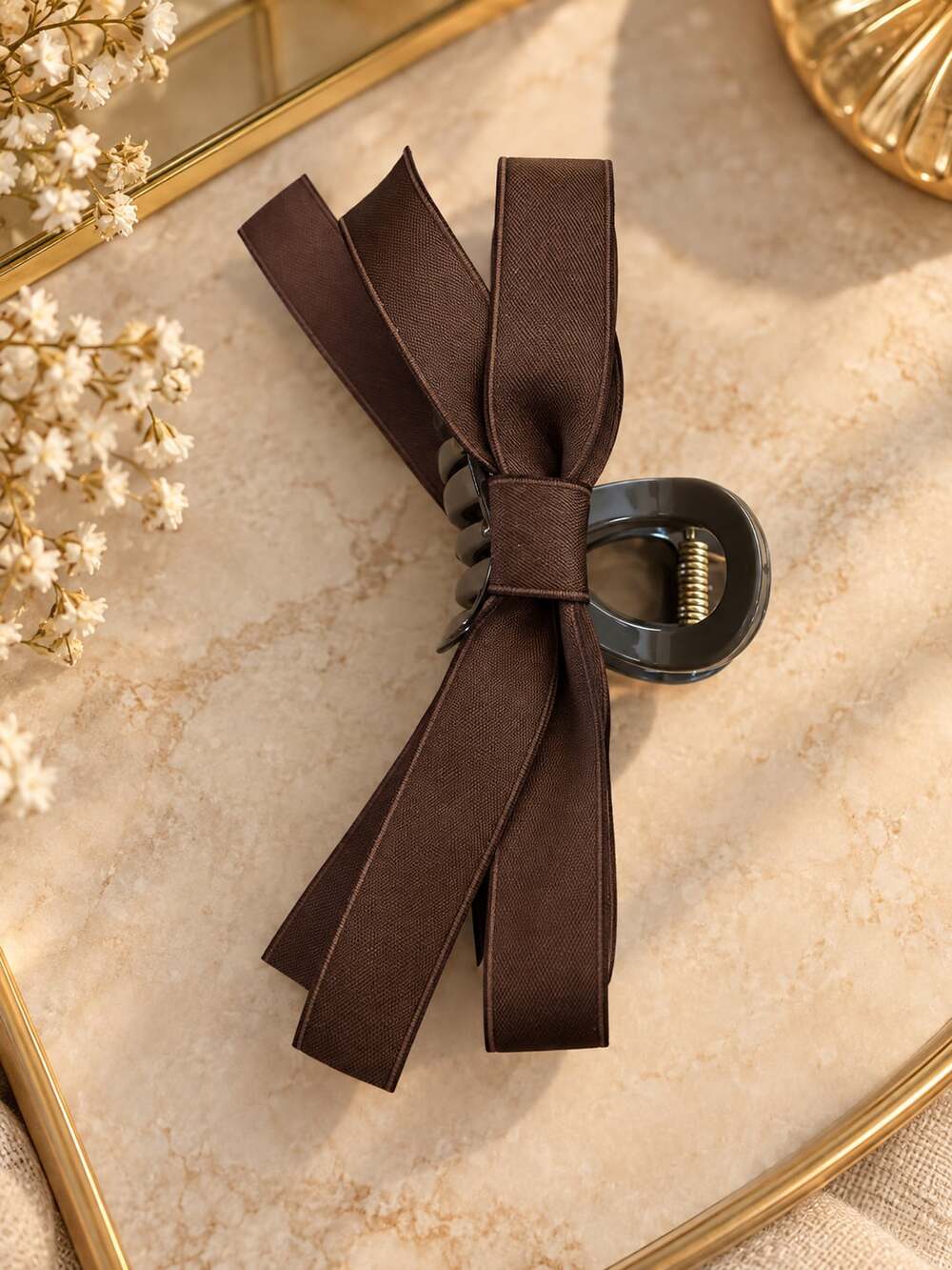 Chocolate Brown Ribbon Bow Claw Clip Romantic Quiet Luxury Hair Accessory